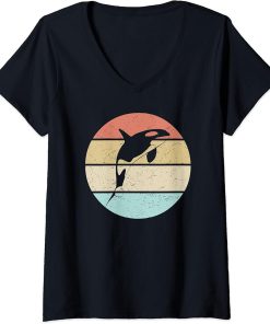 Womens Orca Killer Whale Dolphin Retro Vintage Sunset Orca Whale V-Neck T-Shirt