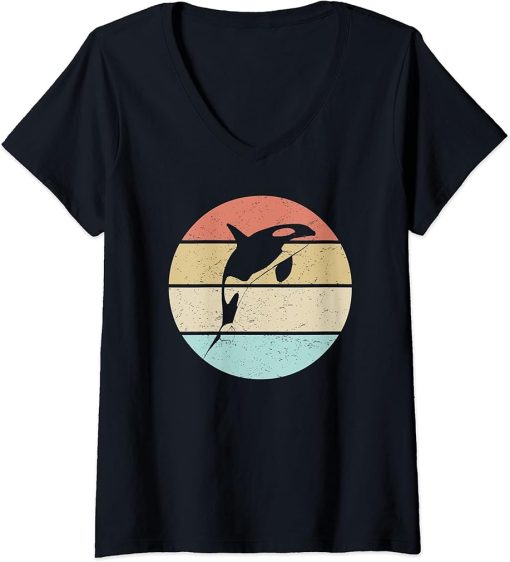 Womens Orca Killer Whale Dolphin Retro Vintage Sunset Orca Whale V-Neck T-Shirt