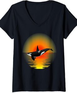 Womens Funny Orca Whale Ocean Sea Retro Vintage Sunset Animal V-Neck T-Shirt